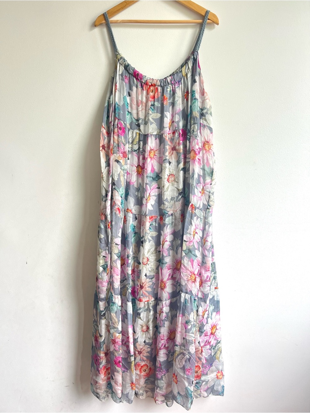 Elena Baldi Silk Blend Tiered Floral Spaghetti-Strap Maxi Dress in Gray & Pink